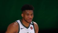 In this file photo taken on August 28, 2020 Giannis Antetokounmpo #34 of the Milwaukee Bucks looks on against the Orlando Magic during the third quarter in Game Five of the Eastern Conference First Round during the 2020 NBA Playoffs at AdventHealth Arena 