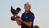 Sergio Garcia of Spain celebrates with the trophy after winning the Sanderson Farms Championship at The Country Club of Jackson on October 04, 2020 in Jackson, Mississippi. Sam Greenwood/Getty Images/AFP