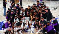 The Los Angeles Lakers pose for a photo after their win over the Miami Heat after game six of the 2020 NBA Finals at AdventHealth Arena. The Los Angeles Lakers won 106-93 to win the series. Mandatory Credit: Kim Klement-USA TODAY Sports