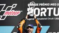 MotoGP - Portuguese Grand Prix - Algarve International Circuit, Portimao, Portugal - November 22, 2020 Red Bull KTM Tech 3's Miguel Oliveira celebrates with the trophy after winning the race REUTERS/Rafael Marchante
