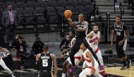 San Antonio Spurs guard DeMar DeRozan (10) passes the ball in the fourth quarter of the game against the Toronto Raptors at AT&T Center. Mandatory Credit: Scott Wachter-USA TODAY Sports