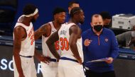 Feb 7, 2021; New York, New York, USA; Head coach Tom Thibodeau of the New York Knicks speaks with Julius Randle #30 during the game against the Miami Heat at Madison Square Garden on February 07, 2021 in New York City. Mandatory Credit: Mike Stobe/Pool Ph