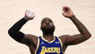 Los Angeles Lakers forward LeBron James (23) gestures in the first half against the Portland Trail Blazers at Staples Center. 