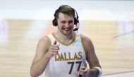 Dallas Mavericks guard Luka Doncic (77) reacts during an interview after the game against the Brooklyn Nets at American Airlines Center. Kevin Jairaj