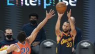 Golden State Warriors guard Stephen Curry (30) shoots the basketball against Oklahoma City Thunder center Isaiah Roby (22) during the first quarter at Chase Center. Kyle Terada-USA TODAY Sports