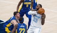 Los Angeles Lakers forward LeBron James (23) pulls up his dribble while a few Indiana Pacers defend in the fourth quarter at Bankers Life Fieldhouse. Pic: Trevor Ruszkowski-USA TODAY Sports