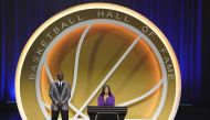 Vanessa Bryant, wife of the late Kobe Bryant with presenter Michael Jordan, speaks on his behalf during the Class of 2020 Naismith Memorial Basketball Hall of Fame Enshrinement ceremony at Mohegan Sun Arena. Pic: David Butler II-USA TODAY Sports