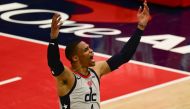 May 20, 2021; Washington, District of Columbia, USA; Washington Wizards guard Russell Westbrook (4) reacts after making a basket during the third quarter against the Indiana Pacers at Capital One Arena. Mandatory Credit: Tommy Gilligan-USA TODAY Sports
