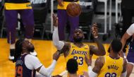 Los Angeles Lakers forward LeBron James (23) and Phoenix Suns forward Jae Crowder (99) battle for the ball in the second half during game six in the first round of the 2021 NBA Playoffs at Staples Center. Mandatory Credit: Kirby Lee-USA TODAY Sports