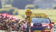 Tadej Pogacar of Slovenia wearing the yellow jersey in action during stage 20 (Reuters/Stephane Mahe)