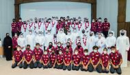 The President of the Qatar Olympic Committee (QOC), H E Sheikh Joaan bin Hamad Al Thani, posing for a photograph with medal winners at the recently concluded Arab Table Tennis Championships and 28th GCC Aquatics Championships