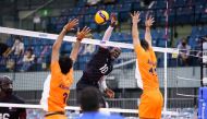 Ndir Sadikh of Qatar shoots to score against India.