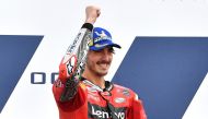 September 19, 2021 Ducati Lenovo Team's Francesco Bagnaia celebrates on the podium after winning the MotoGP race REUTERS/Jennifer Lorenzini