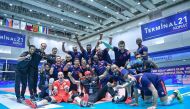 Al Arabi players and officials celebrate after qualifying for the final of the AVC Senior Men's Club Volleyball Championship.  