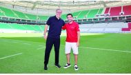 Al Rayyan's coach Laurent Blanc (left) with Al Sadd's coach Xavi Hernandez during a visit to Al Thumama Stadium ahead of the Amir Cup final which will take place tomorrow.