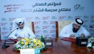 Director General of the Department of Endowments, Dr. Sheikh Khalid bin Mohammed bin Ghanem Al Thani, and CEO of Education Above All Foundation, Fahad bin Hamad Al Sulaiti, signing the agreement at a ceremony.