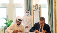 Deputy Prime Minister and Minister of Foreign Affairs H E Sheikh Mohammed bin Abdulrahman Al Thani witnesses signing of agreements between QFFD and UNRWA, in Doha, yesterday.  