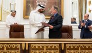 Deputy Prime Minister and Minister of Foreign Affairs H E Sheikh Mohammed bin Abdulrahman Al Thani witnesses signing of the agreement with the World Food Program. 
