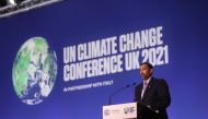 Minister of Environment and Climate Change H E Sheikh Dr. Faleh bin Nasser bin Ahmed bin Ali Al Thani addressing the UN Climate Change Conference (COP26), in Glasgow, Scotland, yesterday.