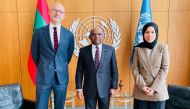 President of the 76th session of the UN General Assembly H E Abdulla Shahid (centre) with Permanent Representative of Qatar to the UN H E Ambassador Sheikha Alya Ahmed bin Saif Al Thani and Permanent Representative of Denmark H E Ambassador Bille Hermann during a meeting.