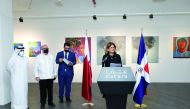 Vice-President of the Dominican Republic H E Raquel Peña addressing the opening of the exhibition. Katara General Manager Dr. Khalid bin Ibrahim Al Sulaiti and Ambassador of the Dominican Republic to the State of Qatar H E Georges Basha Hazim are also seen.