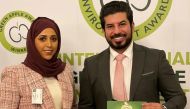 Eng. Saoud Al Tamimi, Roads Projects Dept Manager, and Eng. Noor Ashkanani, Project Engineer, received the Intl Green Apple Environment Award 2021 in London.