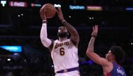 Los Angeles Lakers forward LeBron James (6) shoots the ball as Detroit Pistons guard Killian Hayes (7) defends in the second half at Staples Center. The Lakers defeated the Pistons 110-106. Credit: Kirby Lee