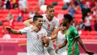 Tunisia's Firas Ben Larbi celebrates scoring their fourth goal with teammates REUTERS/Suhaib Salem 
