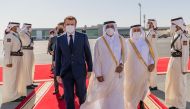 French President H E Emmanuel Macron departing Doha yesterday, after concluding his visit to the country. Minister of Transport H E Jassim bin Saif Al Sulaiti saw the French President off at Doha International Airport
