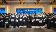 Dr. Sheikha Aisha bint Faleh Al Thani, Chairperson of Al Faleh Educational Holding, with the graduates. 