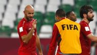 Palestine’s defensive midfielder Mohammed Rashid (left) gestures during the Group C match against Saudi Arabia.