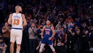 Golden State Warriors guard Stephen Curry (30) reacts after a three-point basket made during the first quarter against the New York Knicks at Madison Square Garden. Vincent Carchietta-USA TODAY Sports