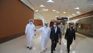 Minister of Transport H E Jassim Saif Ahmed Al Sulaiti with his Iraqi counterpart H E Nasser Hussein Al Shibli visiting Doha Metro, yesterday.