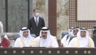 A file photo shows Amir H H Sheikh Tamim bin Hamad Al Thani addressing the Baghdad Conference, in Baghdad, Iraq.