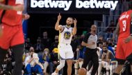 Golden State Warriors guard Stephen Curry (30) signals against the Houston Rockets during the second half at Chase Center. Mandatory Credit: John Hefti
