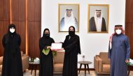 Minister of Education and Higher Education H E Buthaina bint Ali Al Jabr Al Nuaimi and President of Qatar University Dr. Hassan bin Rashid Al Derham honouring students at the conclusion of the ceremony. 