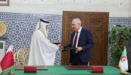 Minister of Justice H E Masoud bin Mohammed Al Amri and Algeria's Minister of Justice H E Abdul Rashid Tabbi at the MoU signing event.
