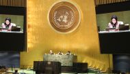 Permanent Representative of Qatar to the United Nations H E Sheikha Alya Ahmed bin Saif Al Thani speaking at the United Nations General Assembly Hall.