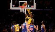 Los Angeles Lakers forward LeBron James (6) goes to the basket against Golden State Warriors during the first quarter at Crypto.com Arena. Mandatory Credit: Kiyoshi Mio-USA TODAY Sports