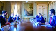 Deputy Prime Minister and Minister of Foreign Affairs H E Sheikh Mohammed bin Abdulrahman Al Thani holding meeting with Minister for Europe and Foreign Affairs of the French Republic, H E Jean-Yves Le Drian, in Paris, yesterday.
