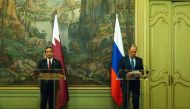 Deputy Prime Minister and Minister of Foreign Affairs H E Sheikh Mohammed bin Abdulrahman Al Thani and Russian Foreign Minister H E Sergey Lavrov during a joint press conference in Moscow, yesterday.