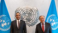 Deputy Prime Minister and Minister of Foreign Affairs H E Sheikh Mohammed bin Abdulrahman Al Thani with Secretary-General of the United Nations H E Antonio Guterres in New York, on Tuesday.