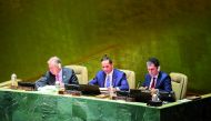 Deputy Prime Minister and Minister of Foreign Affairs H E Sheikh Mohammed bin Abdulrahman Al Thani chairing the opening session of the Fifth United Nations Conference on the Least Developed Countries (LDC5) in New York, yesterday. Also seen is UN Secretary-General H E António Guterres.
