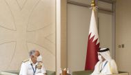 Prime Minister and Minister of Interior H E Sheikh Khalid bin Khalifa bin Abdulaziz Al Thani meeting with Flag Officer Commanding-in-Chief, Western Naval Command of India H E Vice-Admiral Ajendra Bahadur Singh.