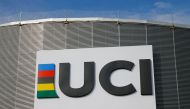 A logo is pictured on the indoor track at the International Cycling Union (UCI) Federation headquarters in Aigle, Switzerland, September 27, 2017. REUTERS/Denis Balibouse

