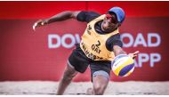 Qatar's Ahmed Tijan in action during the Rosarito Elite 16 event of the Volleyball World Beach Pro Tour, yesterday.