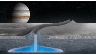 An artist's conception provided by Stanford University shows how double ridges on the surface of Jupiter's moon Europa may form over shallow, refreezing water pockets within the ice shell, in this handout image obtained by Reuters on April 18, 2022. Justice Blaine Wainwright/Handout via REUTERS