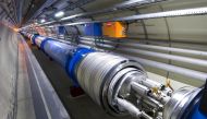 Two LHC magnets are seen before they are connected together. Pic: CERN