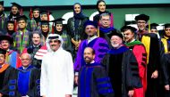 Amir H H Sheikh Tamim bin Hamad Al Thani; Chairperson of Qatar Foundation H H Sheikha Moza bint Nasser; and CEO of Qatar Foundation H E Sheikha Hind bint Hamad Al Thani with faculty and graduates of QF partner universities at the convocation.  