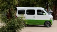 A solar battery-powered minibus is driven out of a charging station along Baga-Kazuwa road in Maiduguri, Nigeria May 4, 2022. REUTERS/Afolabi Sotunde